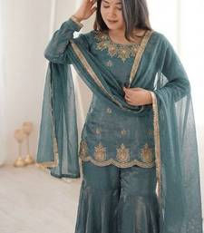 Teal blue fendy silk embroidered sharara suit with zarkan diamond work