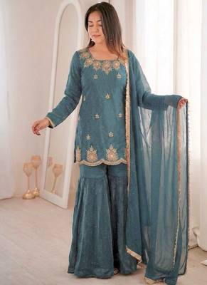 Teal blue fendy silk embroidered sharara suit with zarkan diamond work 1