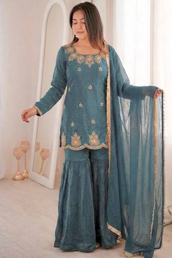 Teal blue fendy silk embroidered sharara suit with zarkan diamond work