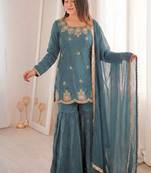 Teal blue fendy silk embroidered sharara suit with zarkan diamond work