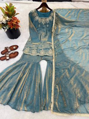 Teal blue fendy silk embroidered sharara suit with zarkan diamond work 3