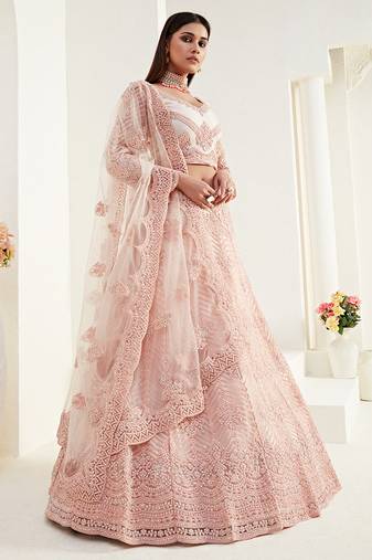 Peach Coding Embroidered 2 Layer With Net And Silk Satin Semi Stitched Lehenga For Women's Wedding Look