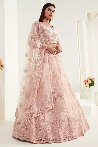 Peach Coding Embroidered 2 Layer With Net And Silk Satin Semi Stitched Lehenga For Women's Wedding Look