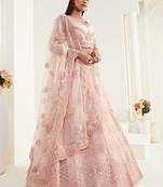 Peach Coding Embroidered 2 Layer With Net And Silk Satin Semi Stitched Lehenga For Women's Wedding Look