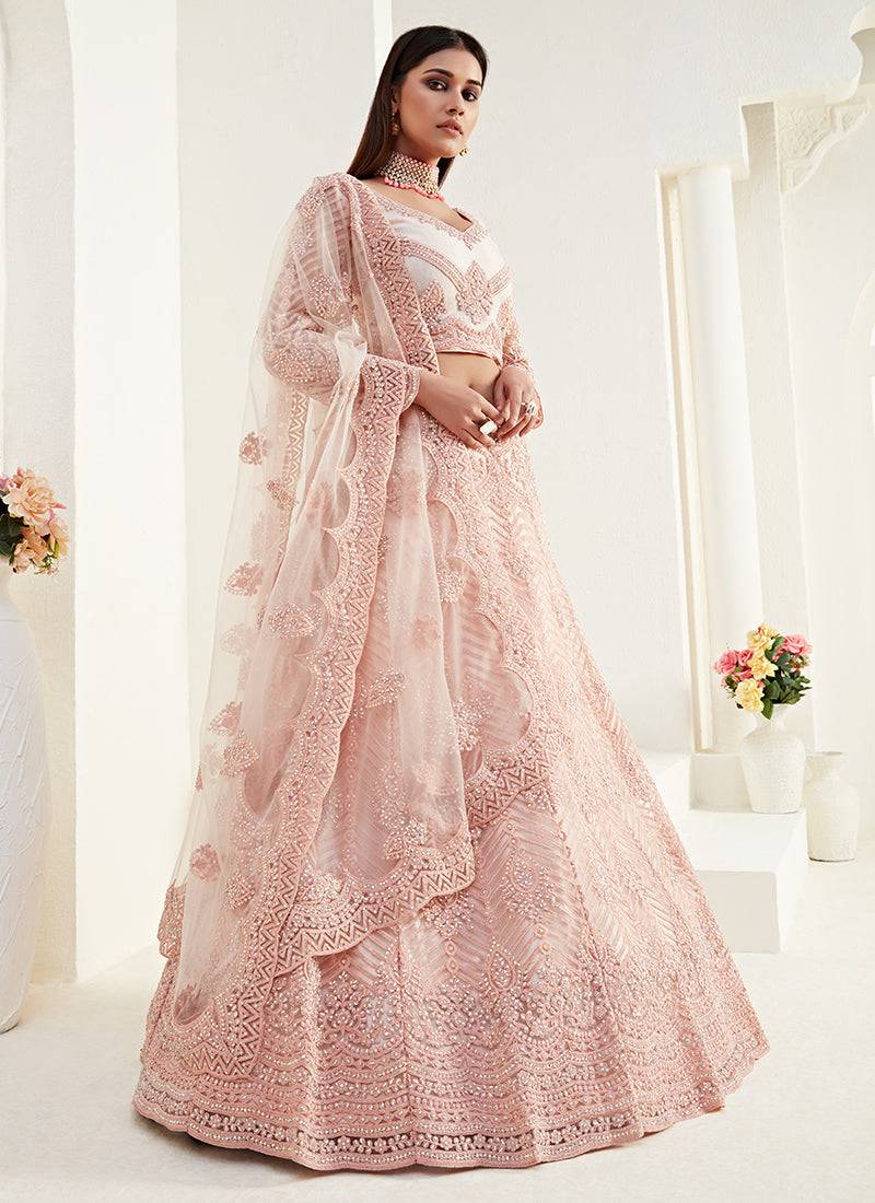 Peach Coding Embroidered 2 Layer With Net And Silk Satin Semi Stitched Lehenga For Women's Wedding Look