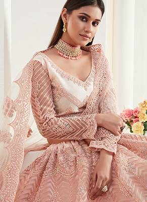 Peach Coding Embroidered 2 Layer With Net And Silk Satin Semi Stitched Lehenga For Women's Wedding Look 2