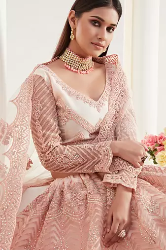 Peach Coding Embroidered 2 Layer With Net And Silk Satin Semi Stitched Lehenga For Women's Wedding Look