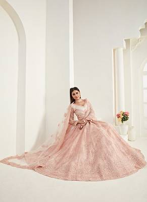 Peach Coding Embroidered 2 Layer With Net And Silk Satin Semi Stitched Lehenga For Women's Wedding Look 3