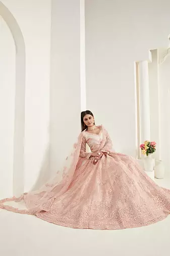 Peach Coding Embroidered 2 Layer With Net And Silk Satin Semi Stitched Lehenga For Women's Wedding Look