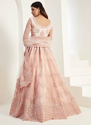 Peach Coding Embroidered 2 Layer With Net And Silk Satin Semi Stitched Lehenga For Women's Wedding Look 4