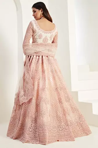Peach Coding Embroidered 2 Layer With Net And Silk Satin Semi Stitched Lehenga For Women's Wedding Look