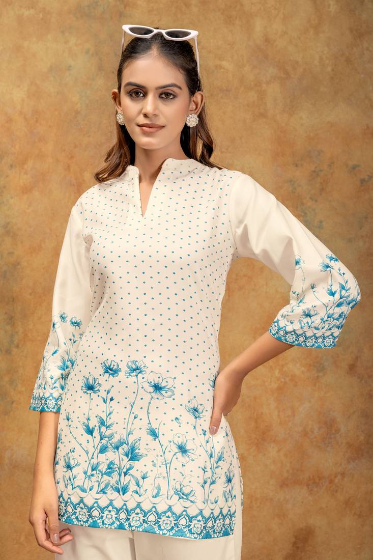 White & blue floral printed cotton co-ord set for women