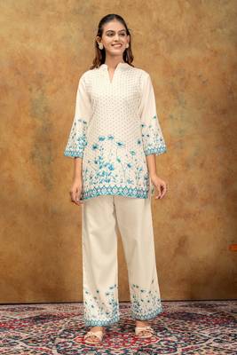 White & blue floral printed cotton co-ord set for women 3
