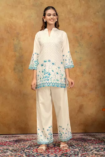 White & blue floral printed cotton co-ord set for women