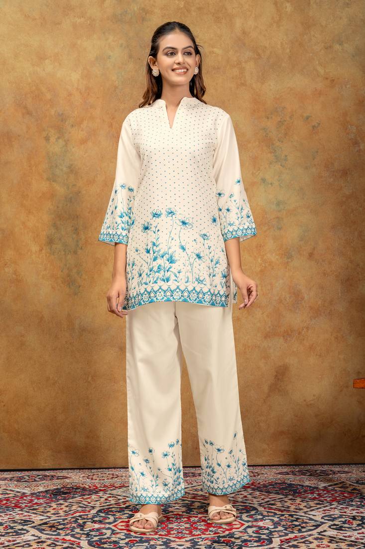White & blue floral printed cotton co-ord set for women