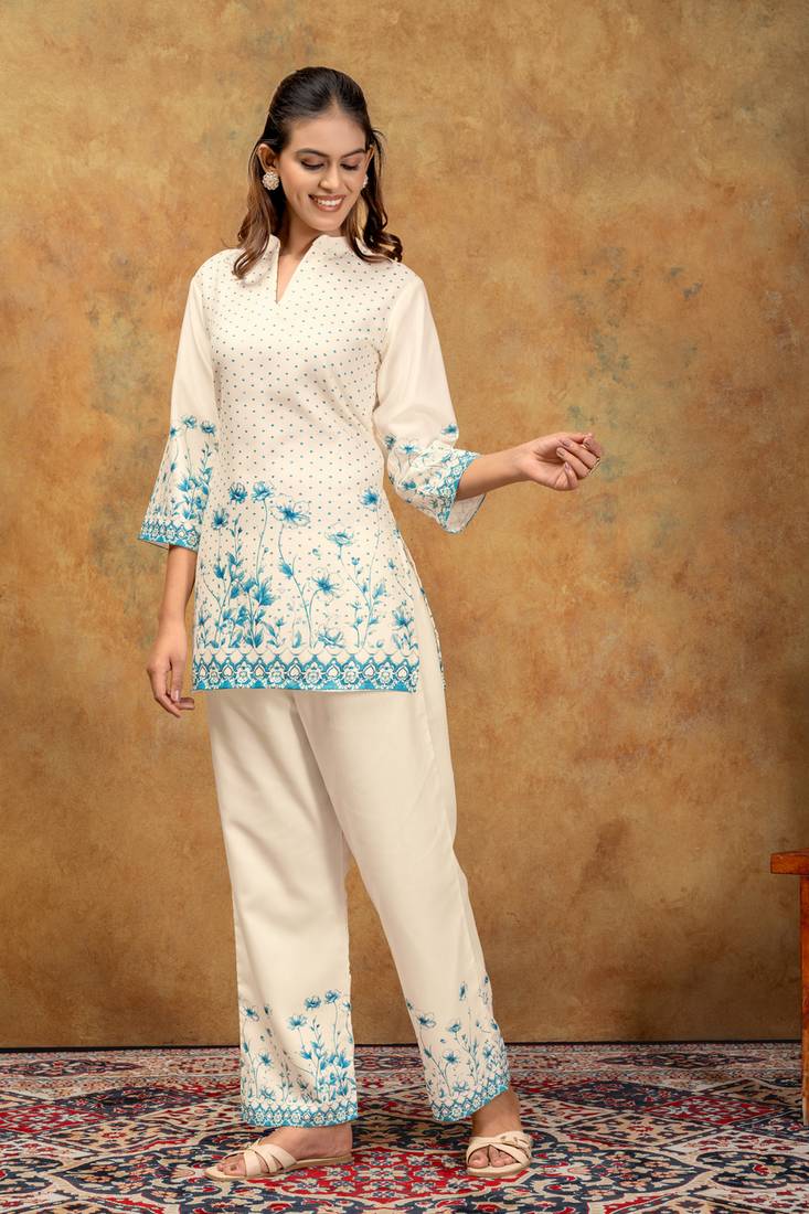 White & blue floral printed cotton co-ord set for women