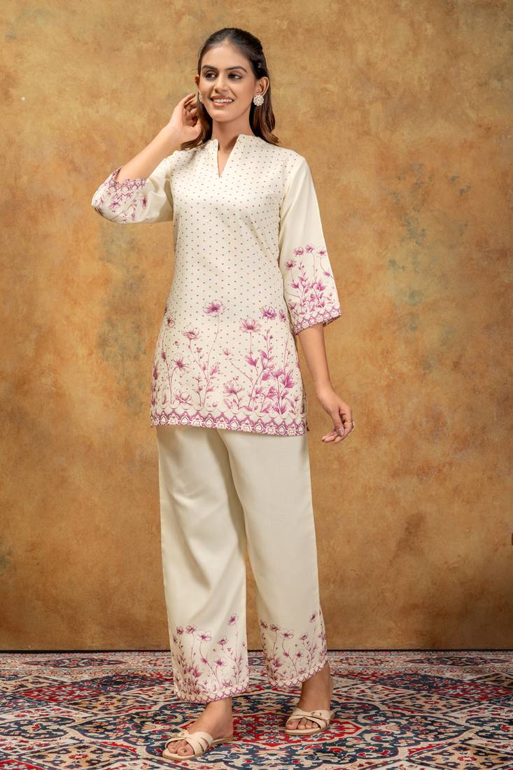 White & pink floral printed cotton co-ord set for women