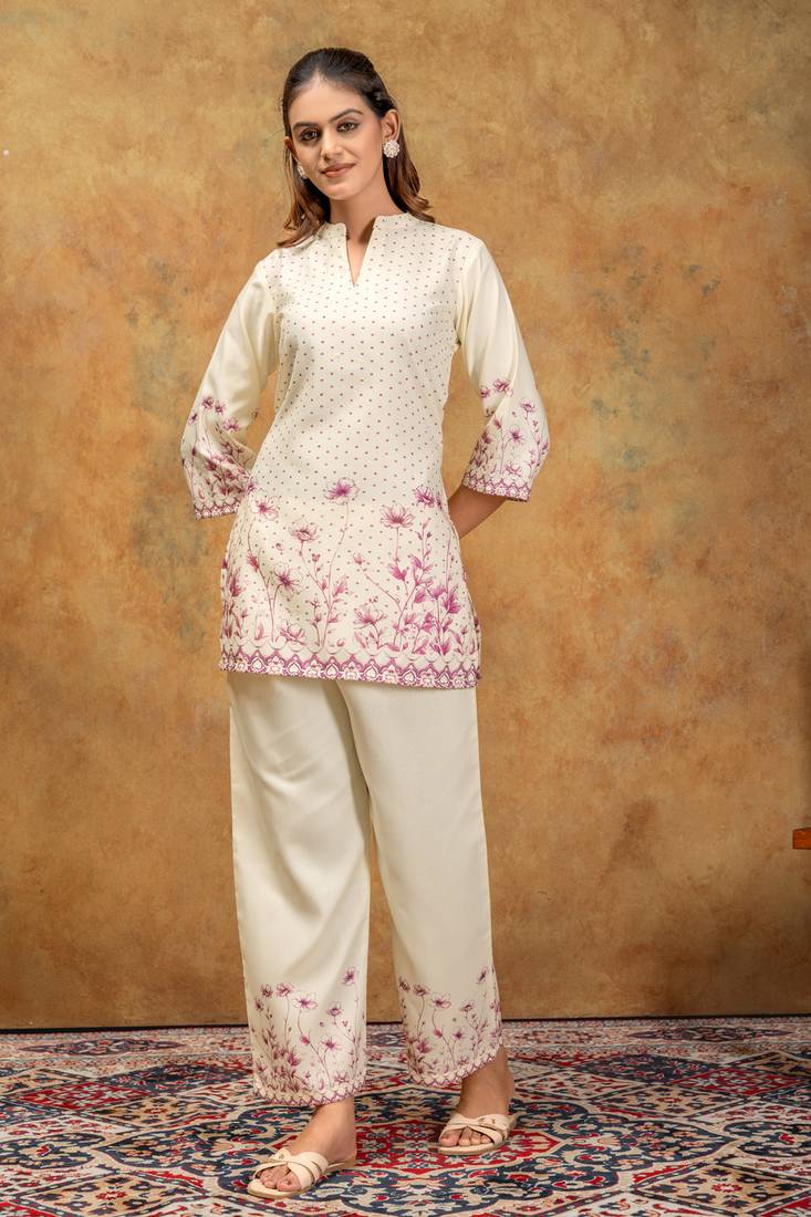 White & pink floral printed cotton co-ord set for women