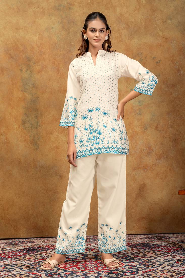 White & blue floral printed cotton co-ord set for women