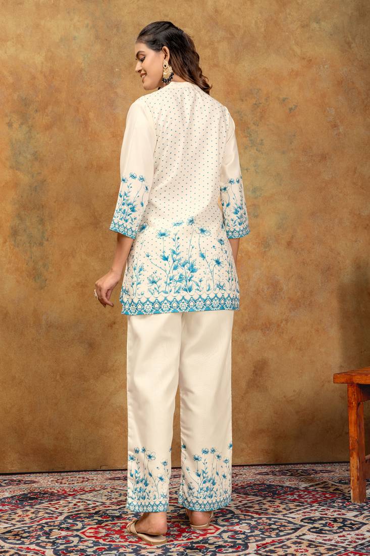 White & blue floral printed cotton co-ord set for women