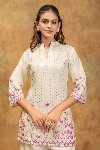 White & pink floral printed cotton co-ord set for women