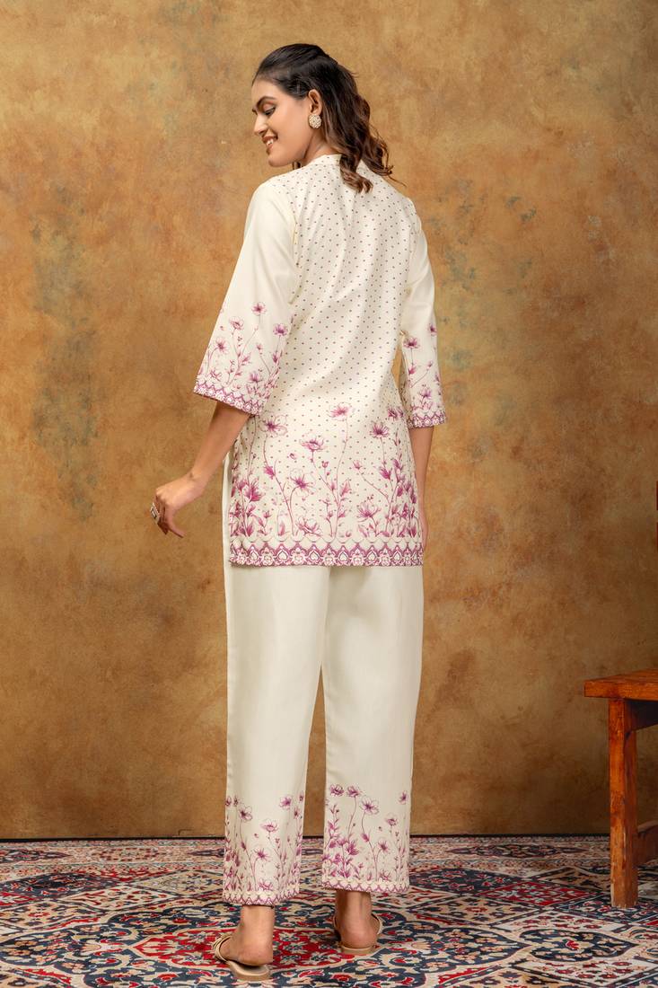 White & pink floral printed cotton co-ord set for women
