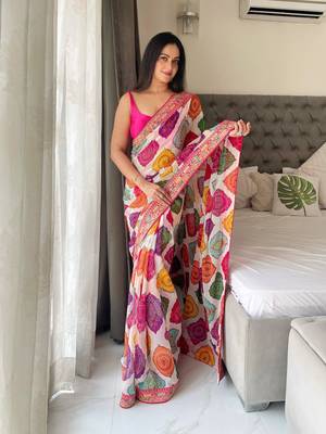 Multicolor rajwadi bandhej print georgette saree with embroidered lace border 1