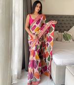 Multicolor rajwadi bandhej print georgette saree with embroidered lace border