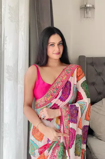 Multicolor rajwadi bandhej print georgette saree with embroidered lace border