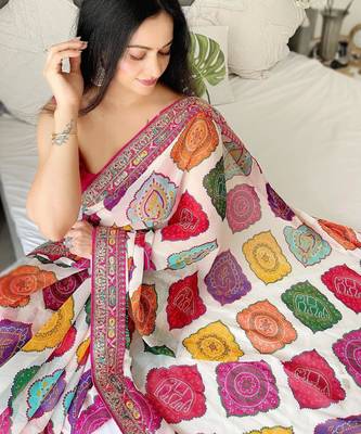 Multicolor rajwadi bandhej print georgette saree with embroidered lace border 3