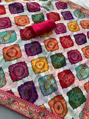 Multicolor rajwadi bandhej print georgette saree with embroidered lace border 4