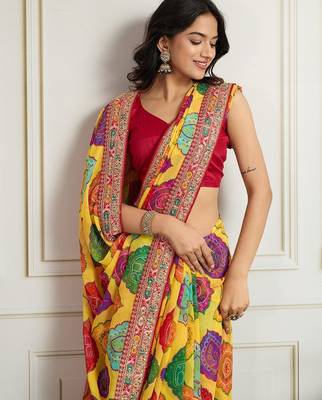 Yellow rajwadi bandhej print georgette saree with embroidered lace border 2