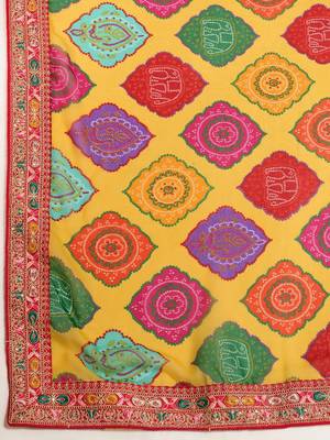 Yellow rajwadi bandhej print georgette saree with embroidered lace border 3