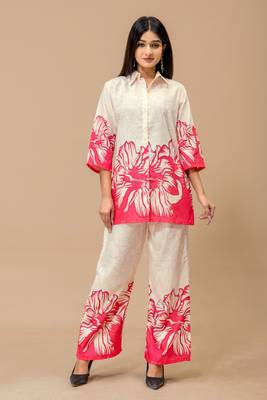 White & pink floral printed cotton co-ord set for women 2