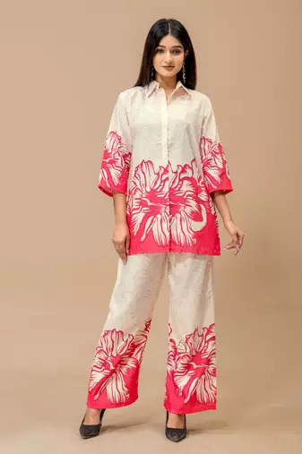 White & pink floral printed cotton co-ord set for women