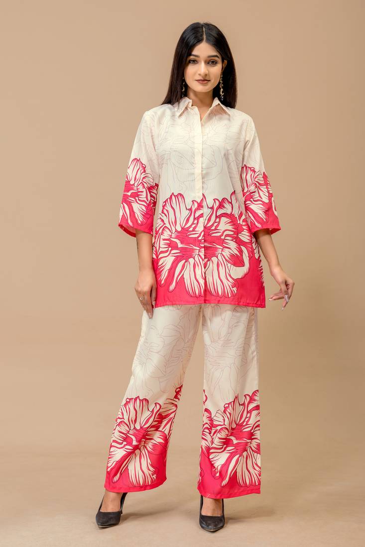 White & pink floral printed cotton co-ord set for women