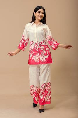 White & pink floral printed cotton co-ord set for women 3