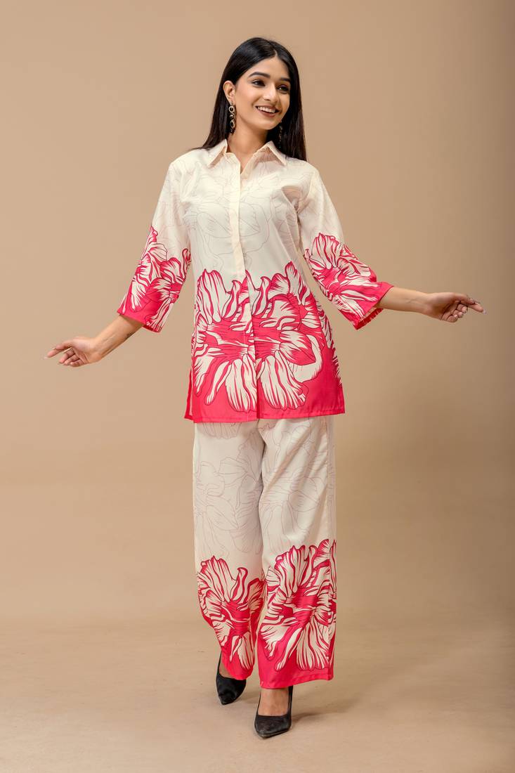 White & pink floral printed cotton co-ord set for women