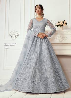 Grey coding embroidered net and silk satin semi stitched lehenga for women's wedding look lehenga 1