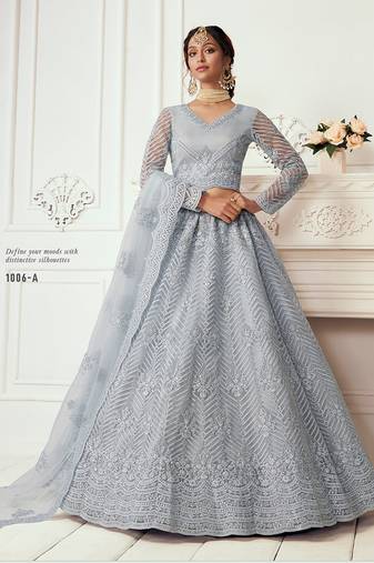 Grey coding embroidered net and silk satin semi stitched lehenga for women's wedding look lehenga