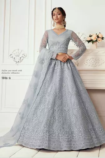 Grey coding embroidered net and silk satin semi stitched lehenga for women's wedding look lehenga