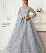 Grey coding embroidered net and silk satin semi stitched lehenga for women's wedding look lehenga