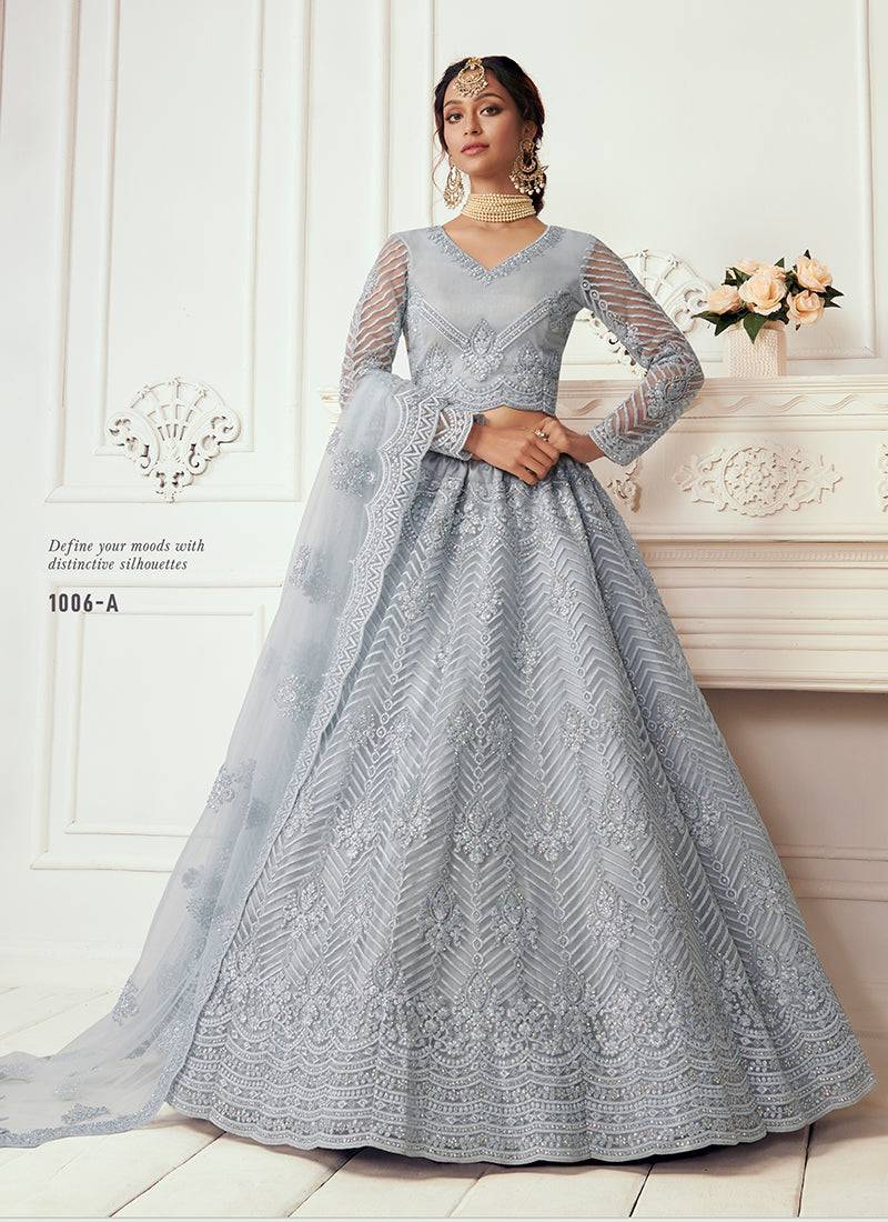 Grey coding embroidered net and silk satin semi stitched lehenga for women's wedding look lehenga