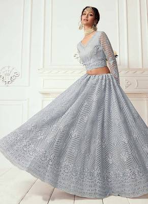 Grey coding embroidered net and silk satin semi stitched lehenga for women's wedding look lehenga 2