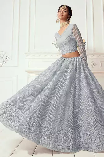 Grey coding embroidered net and silk satin semi stitched lehenga for women's wedding look lehenga