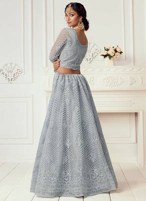 Grey coding embroidered net and silk satin semi stitched lehenga for women's wedding look lehenga 4
