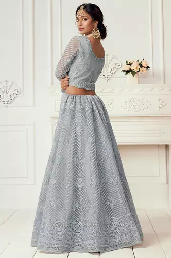 Grey coding embroidered net and silk satin semi stitched lehenga for women's wedding look lehenga