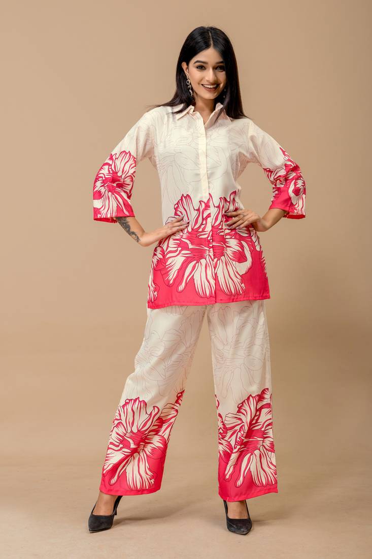 White & pink floral printed cotton co-ord set for women