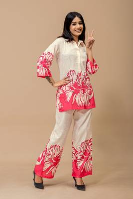White & pink floral printed cotton co-ord set for women 6