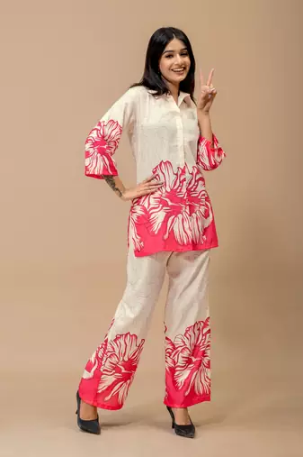 White & pink floral printed cotton co-ord set for women